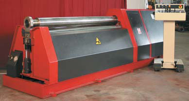 Hydraulic plate bending machine with 3 or 4 bending rolls. Each of the roll is independently controlled by hydraulic motor coupled with an epicyclical reduction-gear ...